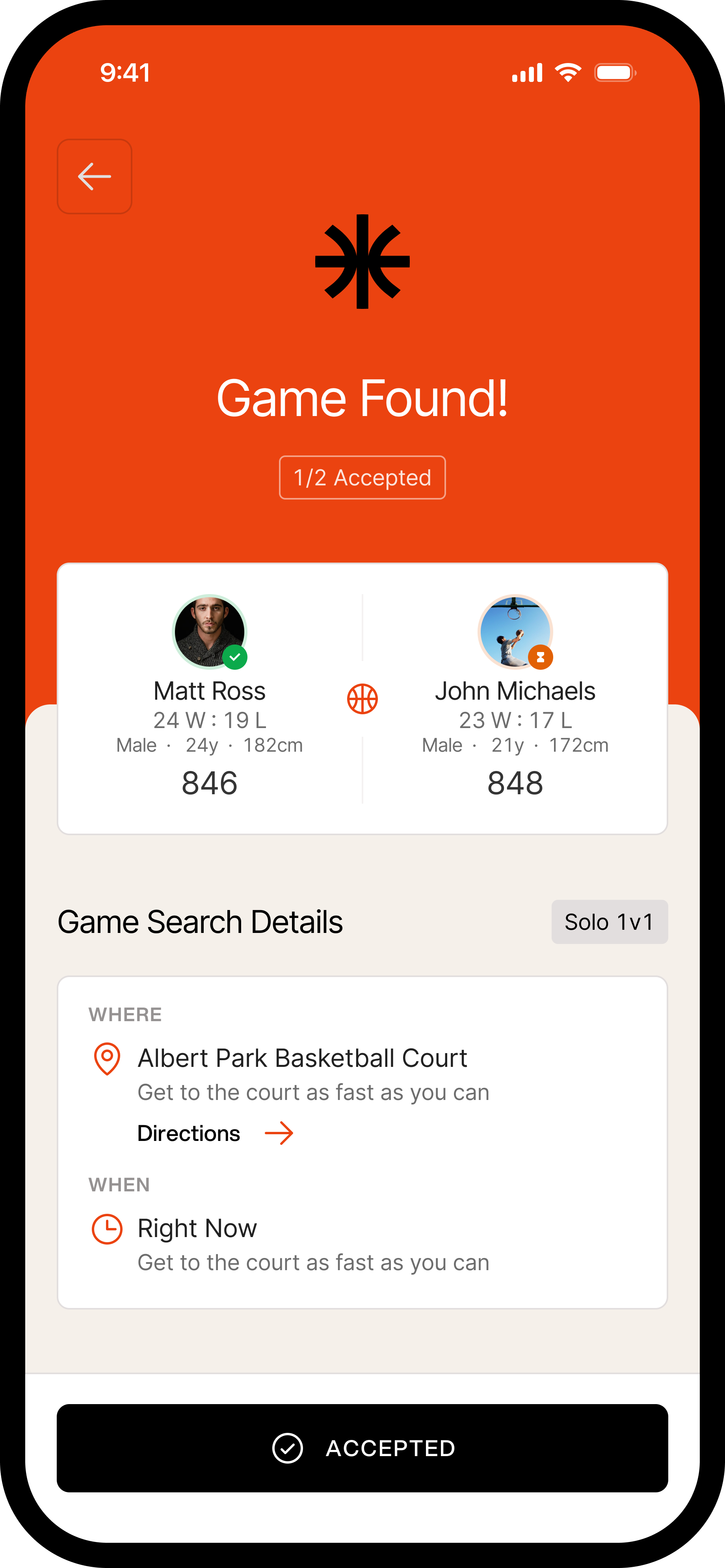 Halfcourt game found screen showing your matched opponent and court