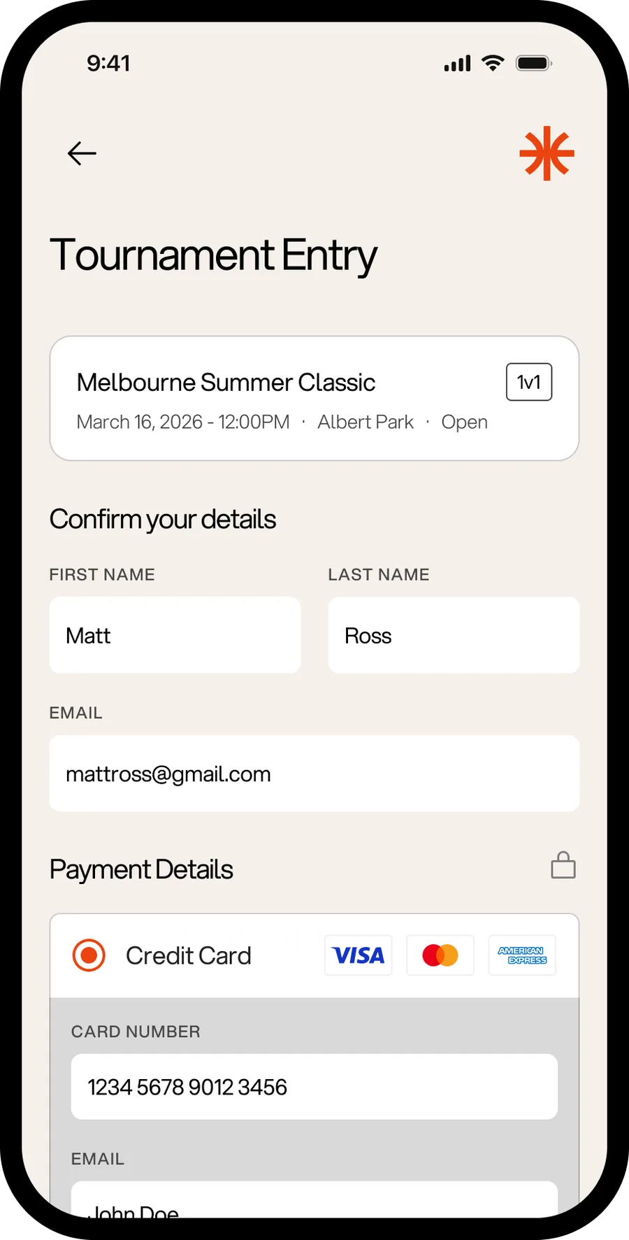 Halfcourt tournament registration screen showing entry details and sign-up