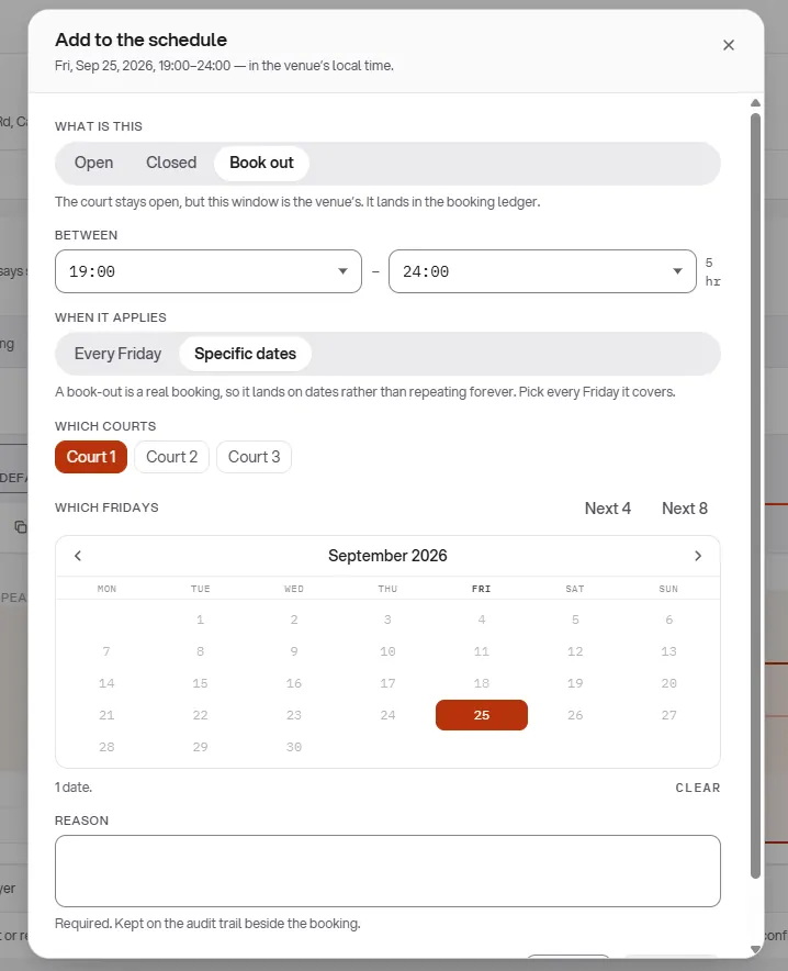 The Portal's "Add to the schedule" dialog booking out a court for a time window