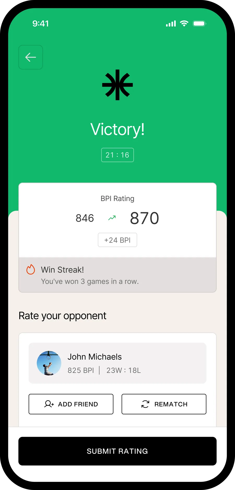 Halfcourt victory screen — your BPI climb after the win