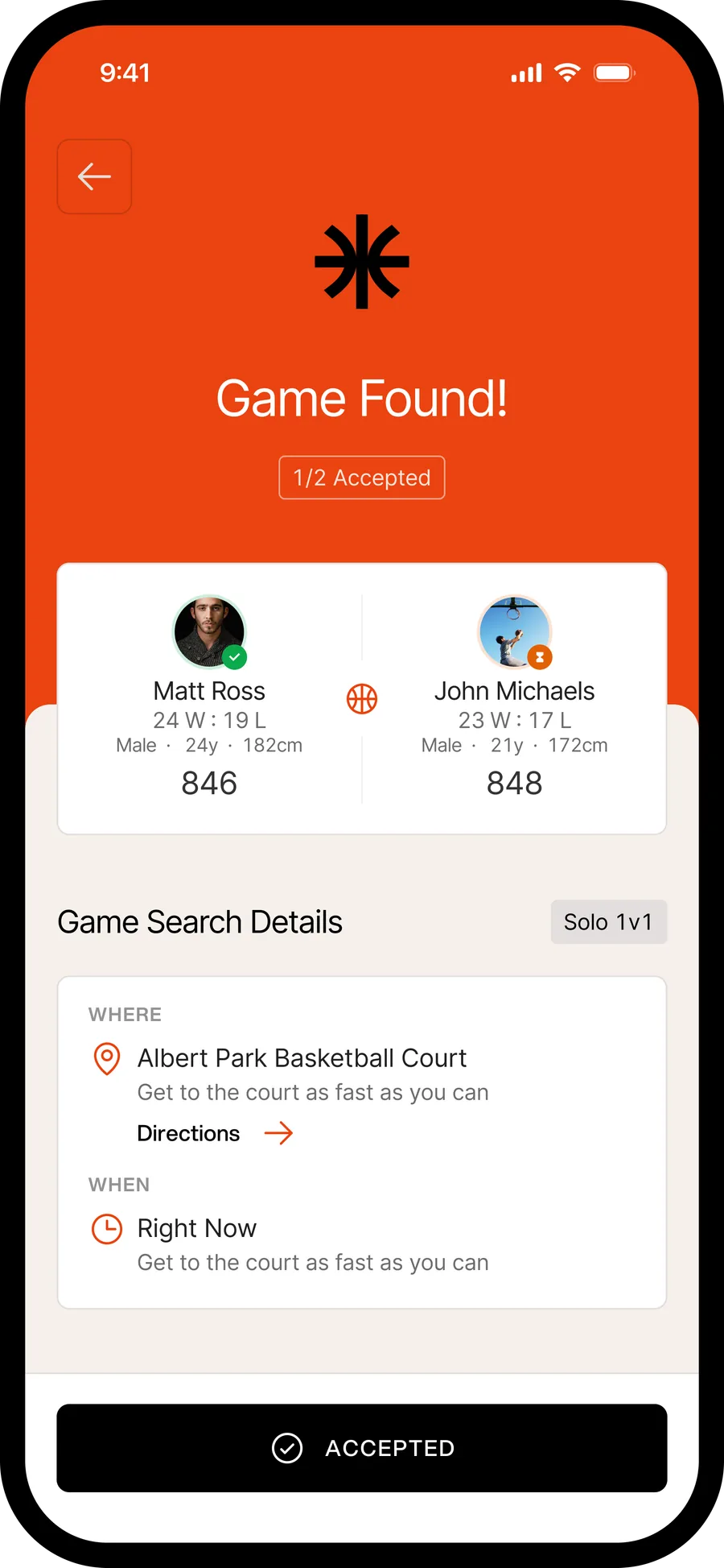 Halfcourt game found — your matched opponent and court